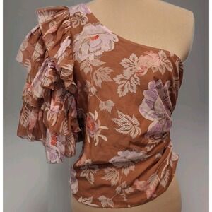 MAGALI PASCAL Womens M Desa Top Jasmine One Shoulder Ruffle Ruched Cotton Silk